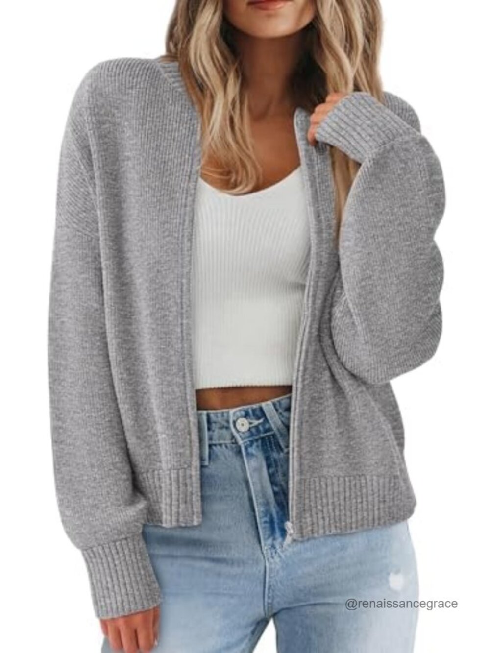 Chunky Knit Zipper Cardigan Women's Open Front Long Sleeve Crew Neck